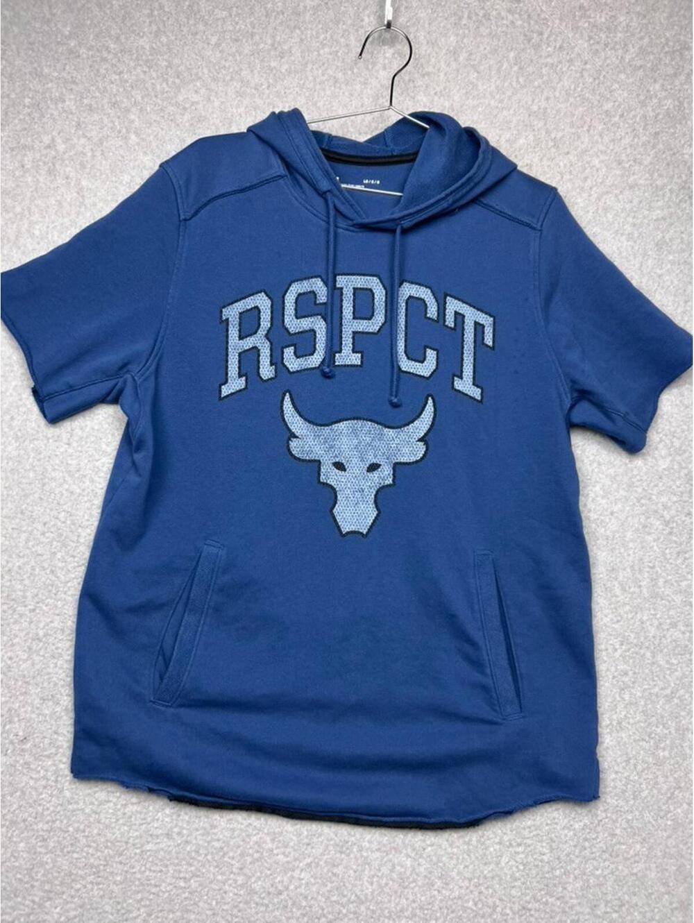 Under Armour Project Rock RSPCT Short Sleeve Hoodie Mens L Blue Terry Bull Gym
